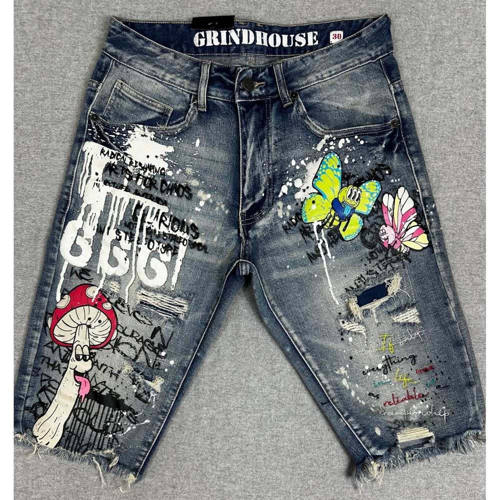 NEW Grindhouse Jean Shorts Mens 30x13 Blue Graphic Distressed Paint Splatter